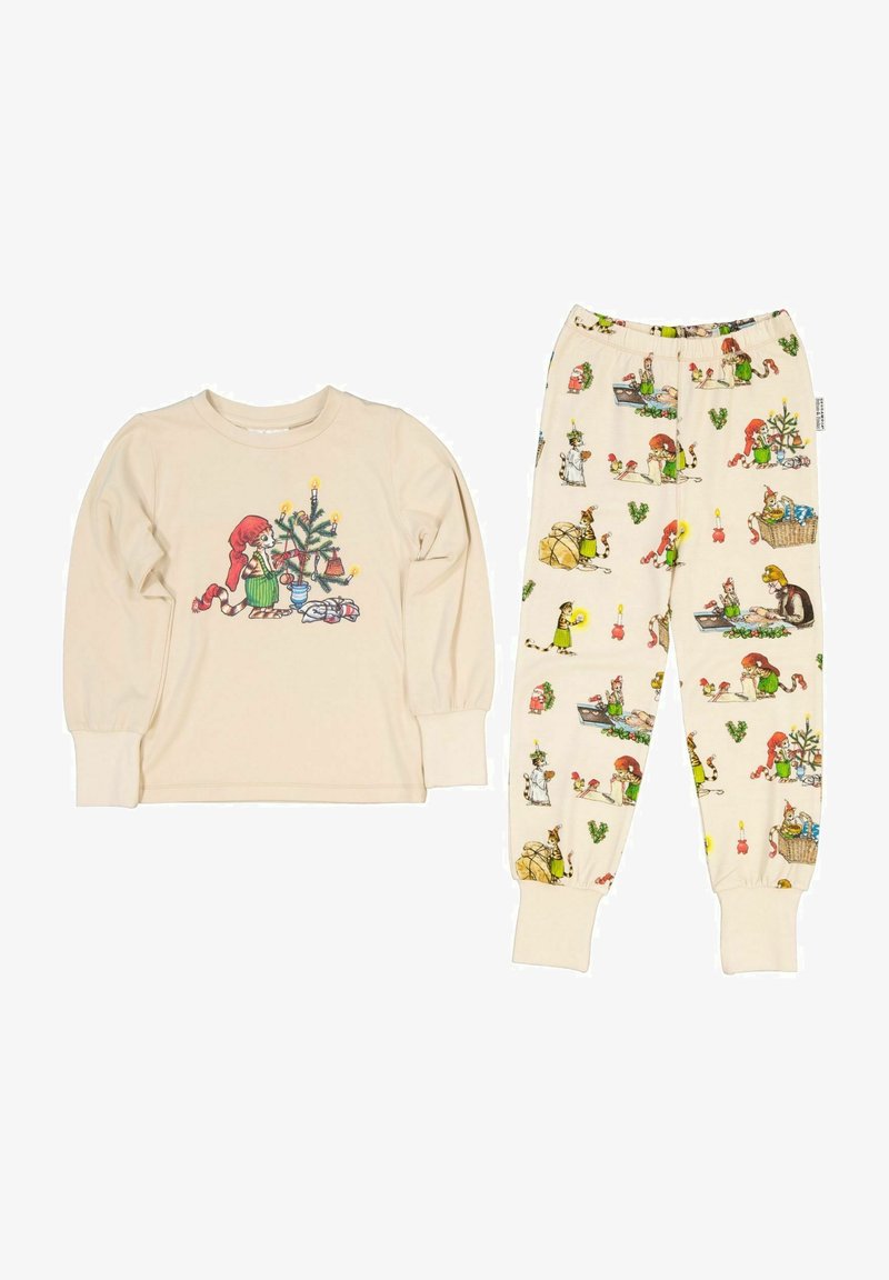 Barns pyjamas-set i krämfärg, med en långärmad topp med en julgran-design och mönstrade byxor med festliga illustrationer.