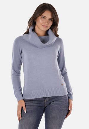 Maglione azzurro chiaro, accogliente, con collo a imbuto, polsini e orlo a coste. Realizzato in tessuto morbido, presenta un piccolo logo vicino all'orlo.