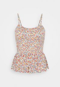 Top peplum floreale con spalline sottili; presenta uno sfondo chiaro con motivi floreali colorati e arricciature elastiche sul corpetto.
