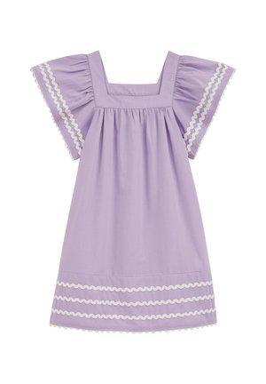 Vestito da bambina color lavanda con scollo quadrato, maniche corte a sbuffo e rifiniture bianche ondulate su maniche e orlo.