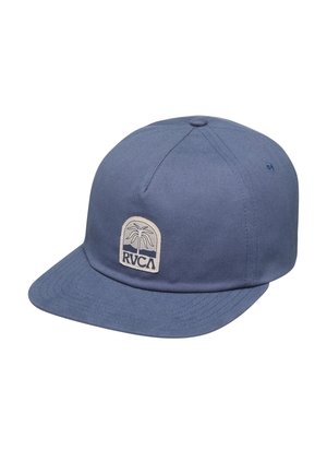 Niebieska czapka z daszkiem z haftowanym logo z palmą i napisem "RVCA" na przednim panelu, płaskim daszkiem i konstrukcją z sześciu paneli.