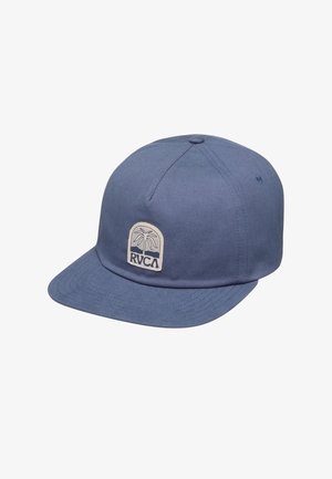 Blauer Baseball-Cap mit gesticktem Palmen-Logo und "RVCA"-Text auf der Vorderseite, flachem Schirm und sechsteiligem Aufbau.