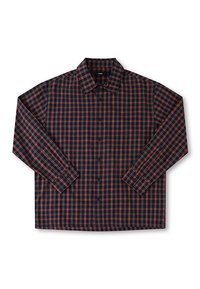 Men's long-sleeved shirt featuring a navy base with red and white checkered pattern, button front, and classic collar. Cotton fabric.