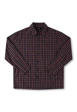 Men's long-sleeved shirt featuring a navy base with red and white checkered pattern, button front, and classic collar. Cotton fabric.
