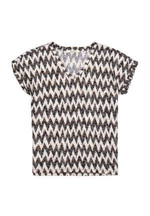 T-shirt met korte mouwen en V-hals van lichtgewicht stof, voorzien van een zigzagpatroon in zwart, wit en gedempt roze over het hele oppervlak.