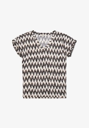 Kurzärmeliges V-Ausschnitt-T-Shirt aus leichtem Stoff mit durchgehendem Zickzackmuster in Schwarz, Weiß und gedämpftem Rosa.