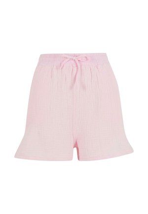Lyserosa shorts laget av strukturert stoff, med elastisk midjebånd og snøre, samt en avslappet, utvidet silhuett.