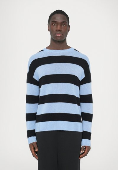 Pull rayé avec des rayures alternées bleu clair et noir, col rond, poignets et ourlet côtelés dans un tricot doux et texturé.