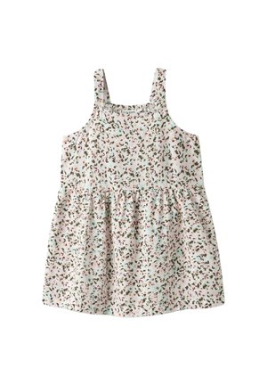 Robe à motif floral avec une taille froncée, de fines bretelles et une palette de couleurs claires comprenant des accents roses, verts et bruns.