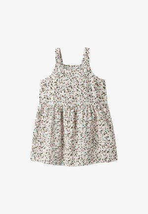 Robe à motif floral avec une taille froncée, de fines bretelles et une palette de couleurs claires comprenant des accents roses, verts et bruns.