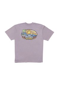 Lilac cotton t-shirt with short sleeves, featuring a colorful graphic of a sun, waves, and flowers printed on the back.