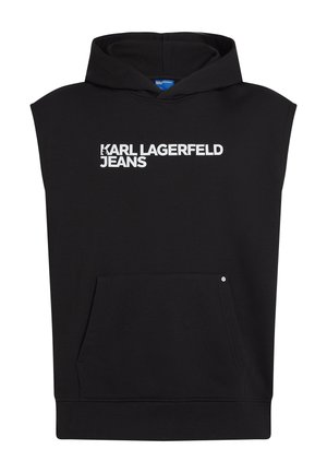 Czarna bezrękawnikowa bluza z kapturem z przednią kieszenią, ozdobiona białym napisem "KARL LAGERFELD JEANS" na piersi oraz ściągaczem u dołu.