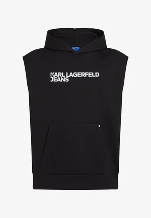 Czarna bezrękawnikowa bluza z kapturem z przednią kieszenią, ozdobiona białym napisem "KARL LAGERFELD JEANS" na piersi oraz ściągaczem u dołu.