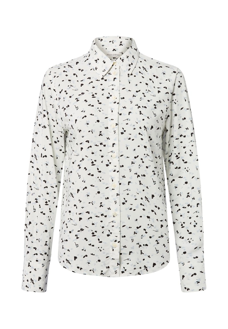 Langarmshirt in lichtcrème stof met zwarte en blauwe bloemenpatronen, knoopsluiting aan de voorkant en klassiek kraagontwerp.