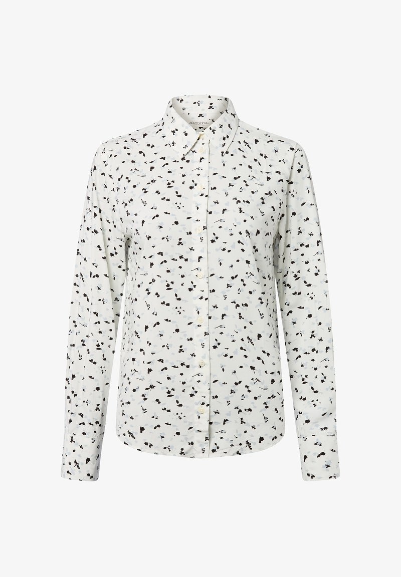 Langarmshirt in lichtcrème stof met zwarte en blauwe bloemenpatronen, knoopsluiting aan de voorkant en klassiek kraagontwerp.