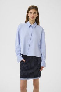 Camicetta azzurra chiara a vita alta con design a bottoni e colletto appuntito, abbinata a una gonna blu navy a righe. Entrambi i pezzi presentano una texture liscia.
