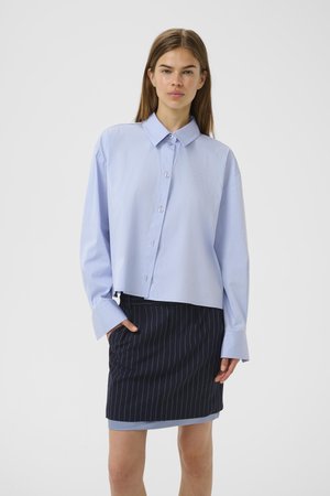 Light blue cropped shirt with a button-up design and pointed collar, paired with a navy pinstriped skirt. Both pieces feature a smooth texture.