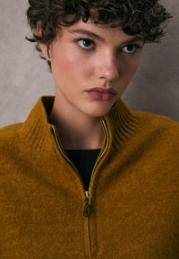Sininen keltainen vetoketjusweater, jossa on ribbetty kaulus ja vetoketju yksityiskohtana. Pehmeä, teksturoitu kangas, jossa on tiukka malli. Musta paita näkyy alla.