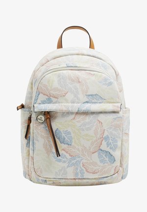 Rygsæk med blomsterprint i pastelfarver og tekstureret stof, med en hovedlynlåslomme, forlommer og brune detaljer.