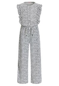 Weißer ärmelloser Jumpsuit mit schwarzen unregelmäßigen Punkten, Rüschendetails an den Schultern und einem gebundenen Taillengürtel, weit geschnitten.