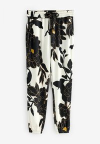 Fekete-fehér virágmintás joggers, elasztikus derékkal és zsinórral. Az anyag sima és könnyű.
