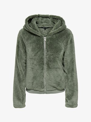 Grønn, myk hettejakke med glidelås og hette. Har myk tekstur, ribbede mansjetter og kant nederst. Enkel design med sølvfarget glidelås.