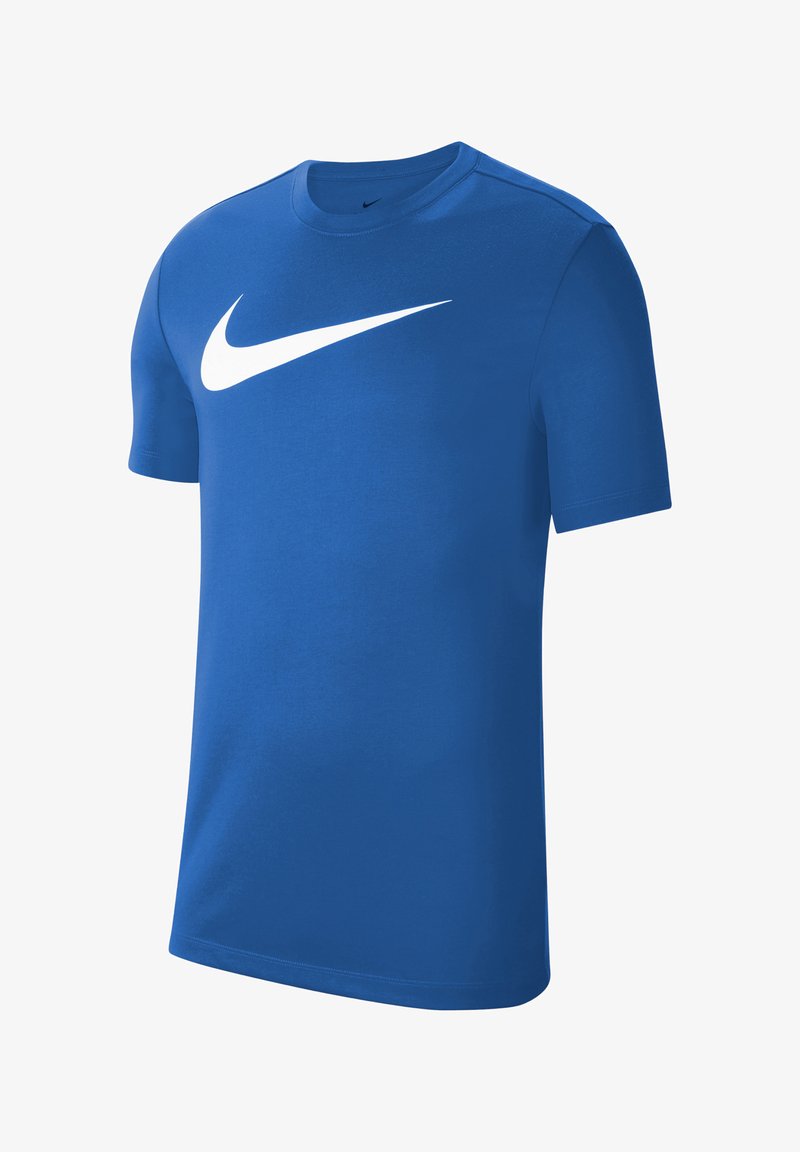 Blaues Kurzarm-T-Shirt aus Baumwolle mit Rundhalsausschnitt, mit einem weißen Nike-Swoosh-Logo auf der Vorderseite. Glatte Textur, lässige Passform.