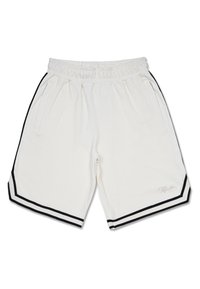 Hvite teksturerte shorts med elastisk midje, med to sidelommer, sorte detaljer på kanten og en logo på det nederste benet.
