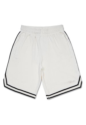 White textured shorts with an elastic waistband, featuring two side pockets, black accents on the hem, and a logo on the lower leg.
