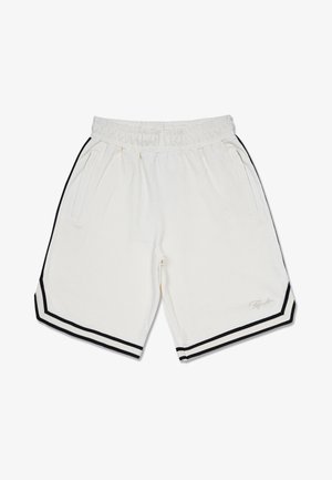 White textured shorts with an elastic waistband, featuring two side pockets, black accents on the hem, and a logo on the lower leg.