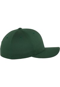 Groene baseballpet met een gebogen rand, gemaakt van stevig stof, met zes ventilatiegaten en een ronde kroonontwerp.