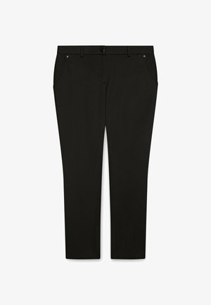 Schwarze Hose aus einem strukturierten Stoff. Sie hat eine flache Vorderseite, Seitentaschen und einen einzelnen Knopfverschluss am Bund.