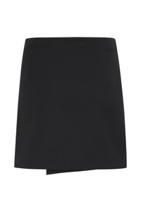 Black mini skirt with a smooth texture and a slightly asymmetric hem. Simple design without patterns or embellishments.