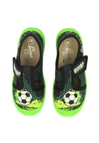 Schwarze und neongrüne Kinderschuhe mit einem Fußballdesign, Klettverschluss, strukturiertem Obermaterial und Gummisohle. Größe 28.