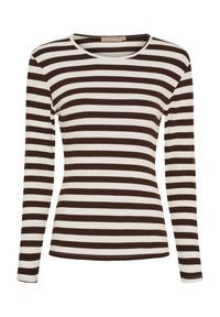 Langærmet top i brune og hvide striber med rund halsudskæring og ribbet tekstur. Letvægtsstof, tætsiddende design.