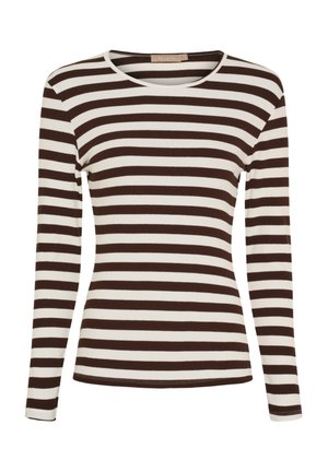 Langærmet top i brune og hvide striber med rund halsudskæring og ribbet tekstur. Letvægtsstof, tætsiddende design.