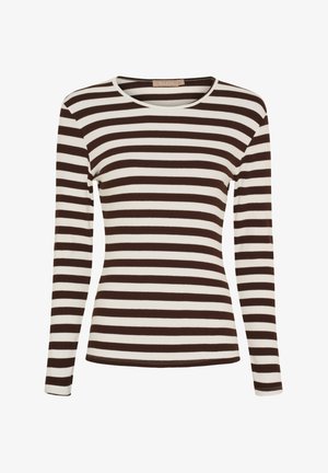 Langærmet top i brune og hvide striber med rund halsudskæring og ribbet tekstur. Letvægtsstof, tætsiddende design.