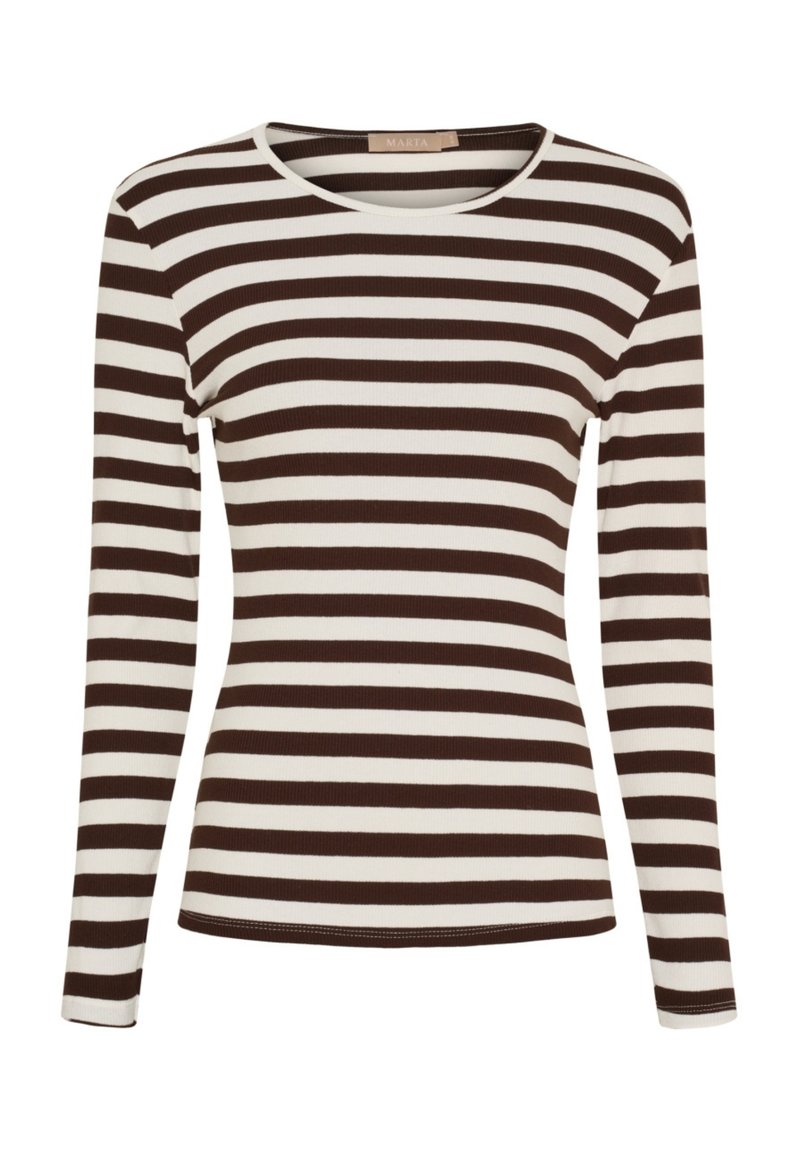 Langærmet top i brune og hvide striber med rund halsudskæring og ribbet tekstur. Letvægtsstof, tætsiddende design.