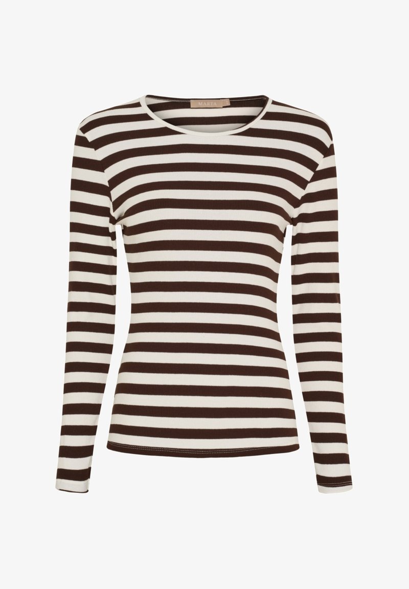 Langærmet top i brune og hvide striber med rund halsudskæring og ribbet tekstur. Letvægtsstof, tætsiddende design.