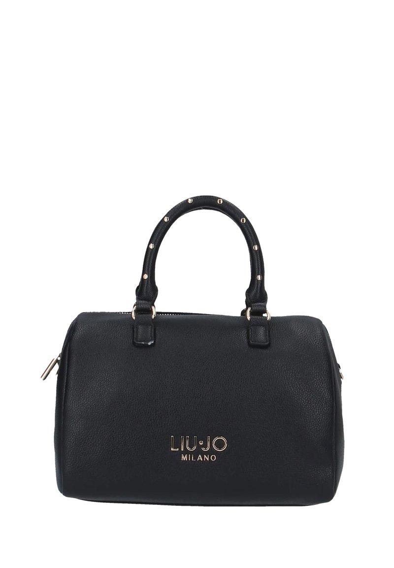 Black leather handbag with gold-tone hardware, rounded handles featuring decorative studs, and embossed logo on the front. Zipper closure.