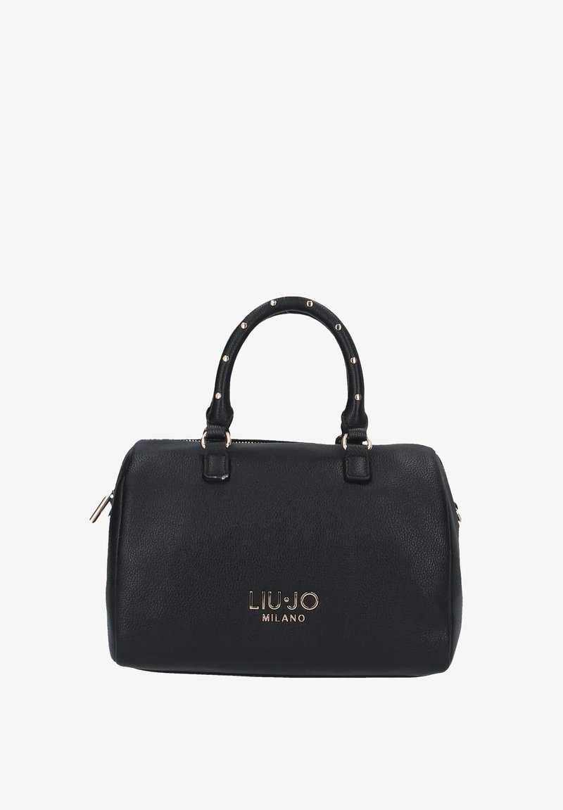 Black leather handbag with gold-tone hardware, rounded handles featuring decorative studs, and embossed logo on the front. Zipper closure.
