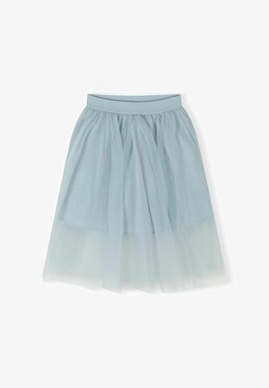 Jupe en tulle bleu clair jusqu'aux genoux avec taille élastique et couches froncées, posée à plat sur un fond blanc.