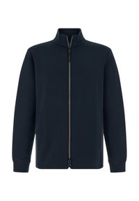 Giacca zip blu navy realizzata in tessuto liscio, con collo alla coreana, tasche laterali e maniche lunghe con polsini a coste.