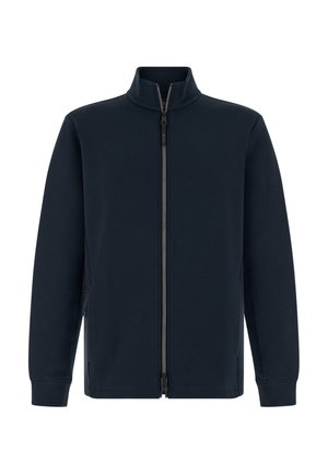 Granatowa kurtka na zamek wykonana z gładkiej tkaniny, z kołnierzem typu stójka, bocznymi kieszeniami oraz długimi rękawami zakończonymi  ściągaczami.