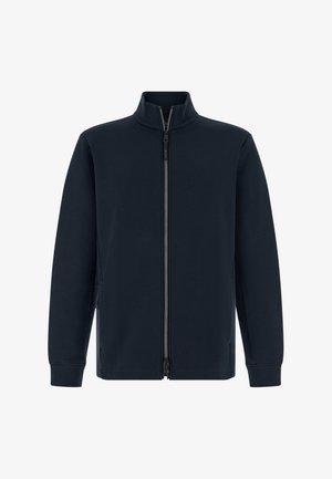 Námořnicky modrá zipová bunda z hladké látky, která má stojatý límec, boční kapsy a dlouhé rukávy s žebrovanými manžetami.