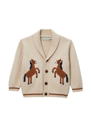 Cardigan beige en tricot avec col châle et trois boutons, présentant deux chevaux bruns à crinières noires sur le devant.