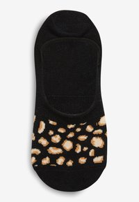 Crne čarape bez vidljivih vrhova s leopard motivom u tamnoj i krem boji. Tekstura je glatka, s ojačanim područjem nožnog prsta i elastičnim rubom.