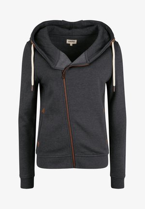 Haut de sweat à capuche zippé gris foncé avec une grande capuche, fermeture éclair marron contrastante et accents triangulaires beiges sur les poches. Texture douce, design décontracté.