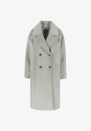 Kaksirivinen takki vaaleanharmaasta villasekoitteesta, jossa on viistot kaulukset, kaksi etupainiketta ja leveät kolmen neljänneksen hihat.