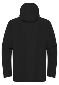 Černá bunda s kapucí, hladká tkanina, dlouhé rukávy, rovný střih, bez viditelného kovového vybavení nebo ozdob. Pohled zezadu s bezešvým designem.